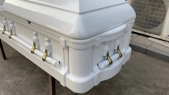 High End Mahogany Wood Casket with Carvings on Top 